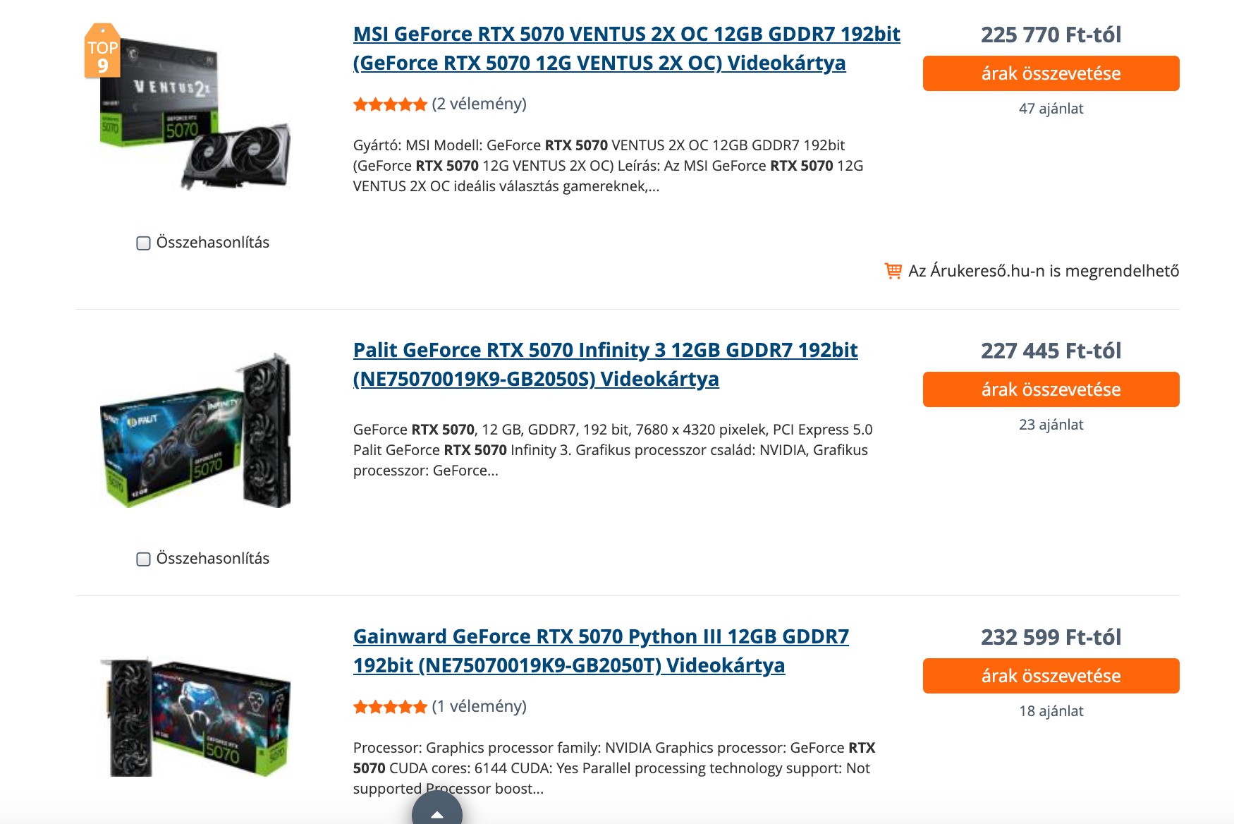 225 ezer forintról indulnak az RTX 5070-es kártyák