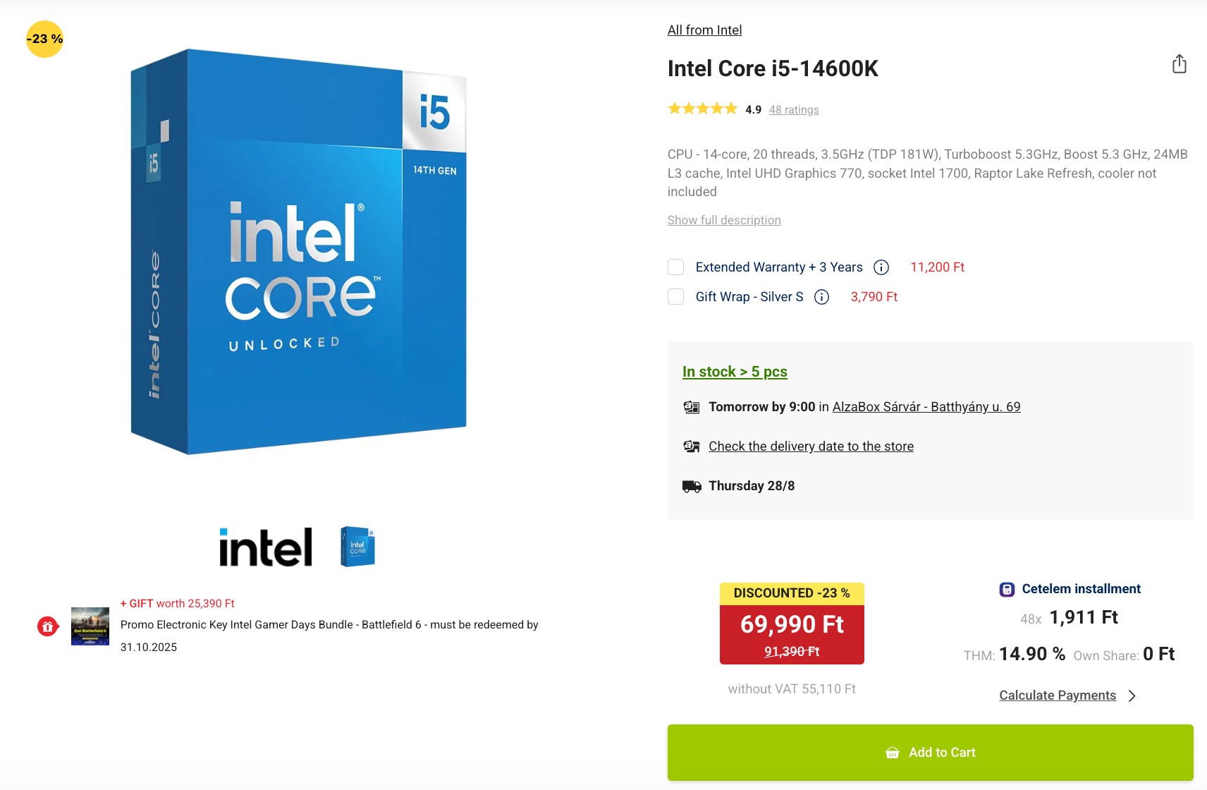 Intel Core i5-14600K gamer processzor