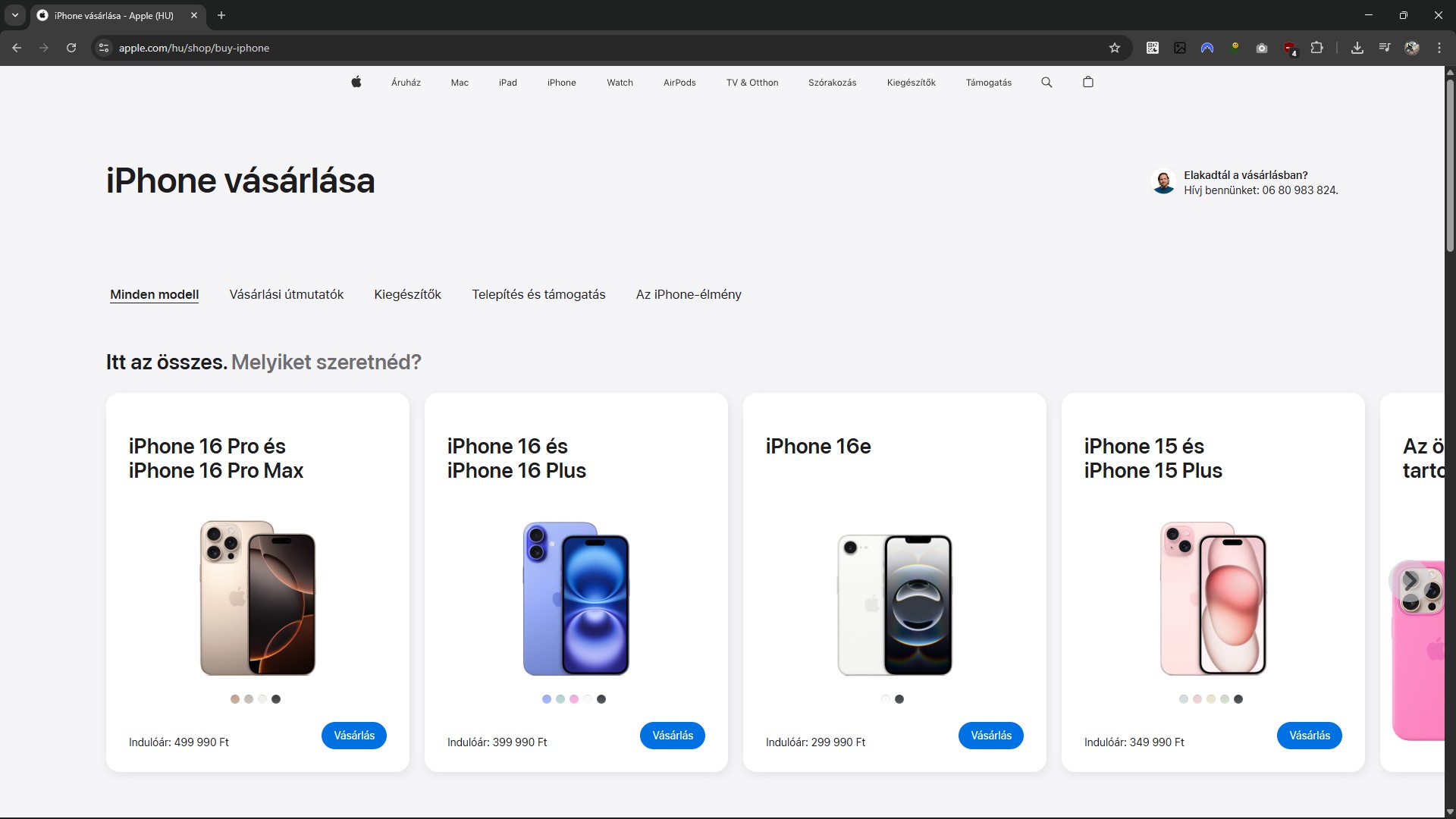 A jelenlegi iPhone felhozatal az Apple oldalán